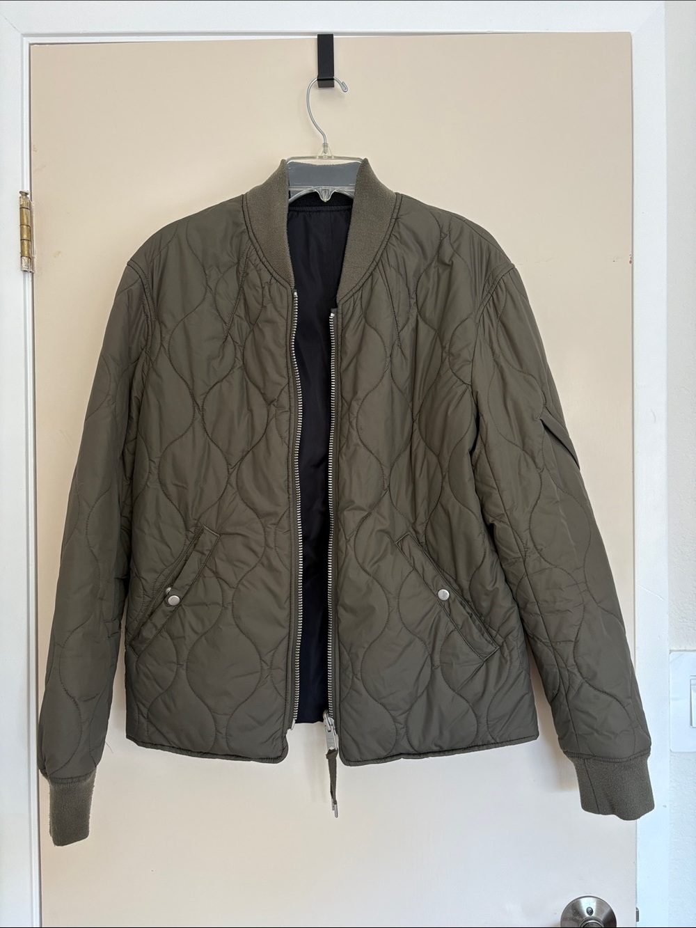 AllSaints Reversible Quilted Bomber Jacket in Olive and Black